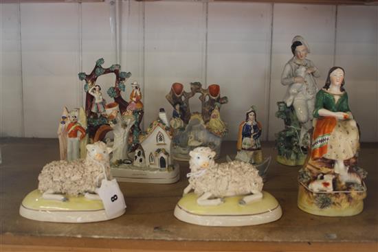 Staffordshire Pottery, 4 figures, 3 groups and a pair of sheep
